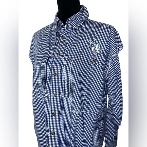 DRAKE UNIVERSITY OF KENTUCKY BLUE CHECKERED BUTTON UP WINGSHOOTERS SHIRT SIZE S - Picture 4 of 11